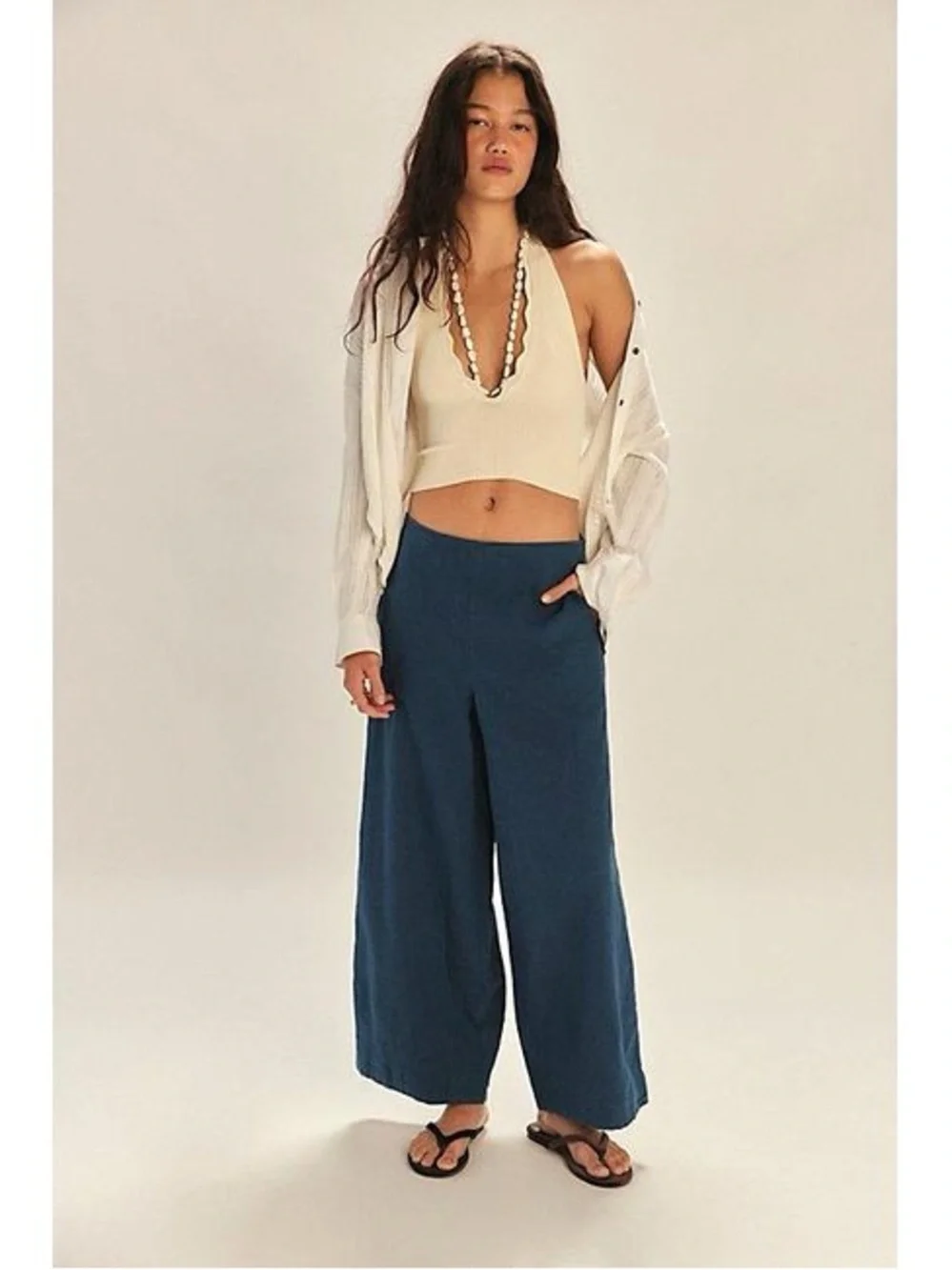Free People Demi Cotton Linen Pants in Blue Size Small